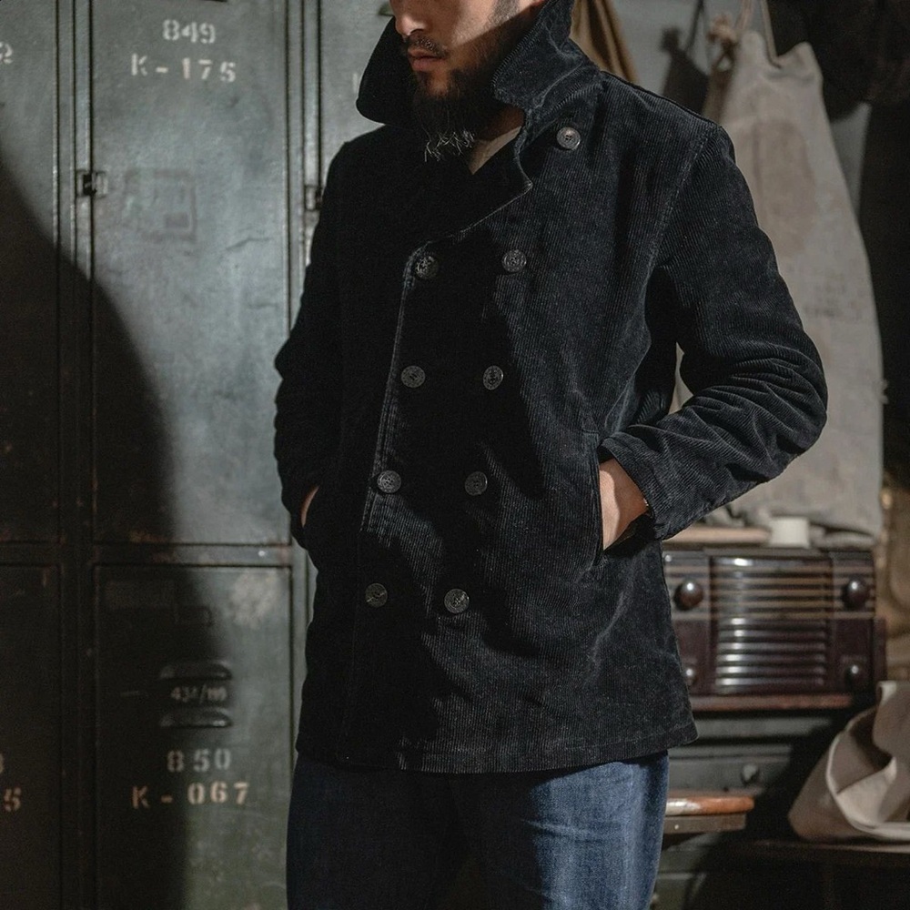 The Bronson Mfg Heritage Corduroy Peacoat Double Breasted Coat Black Retro Sz 40